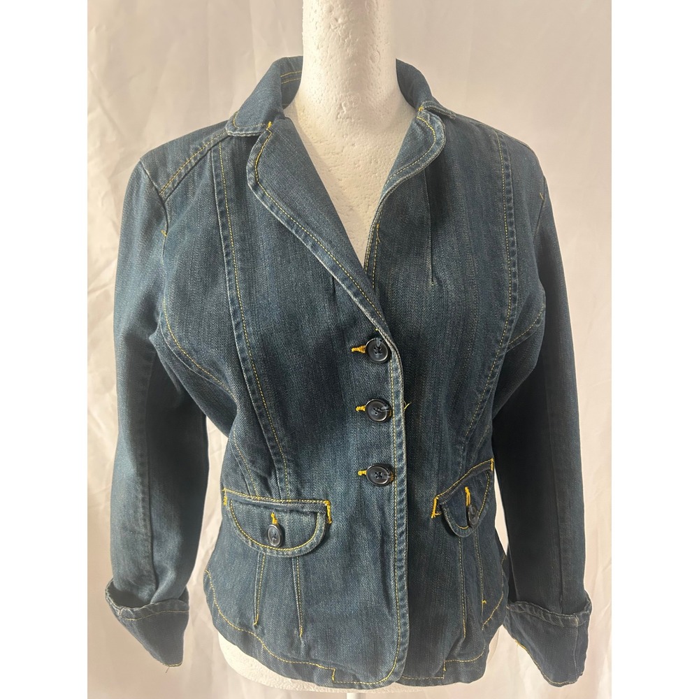 The Limited Womens Denim Blazer Jacket Dark Wash Contrast Stitch Size M Cotton‎